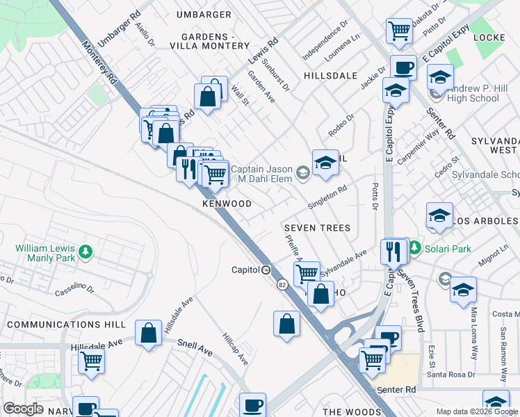map of restaurants, bars, coffee shops, grocery stores, and more near 3173 Kenland Drive in San Jose