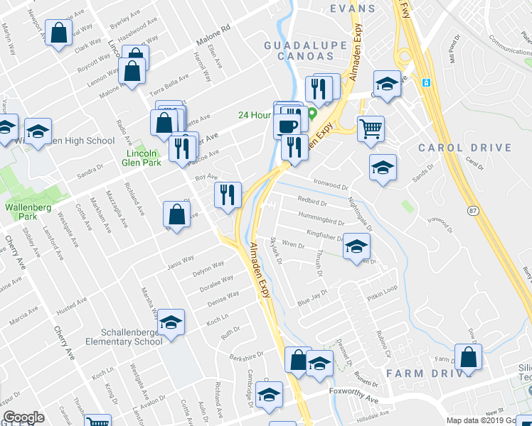 map of restaurants, bars, coffee shops, grocery stores, and more near 2482 Almaden Road in San Jose