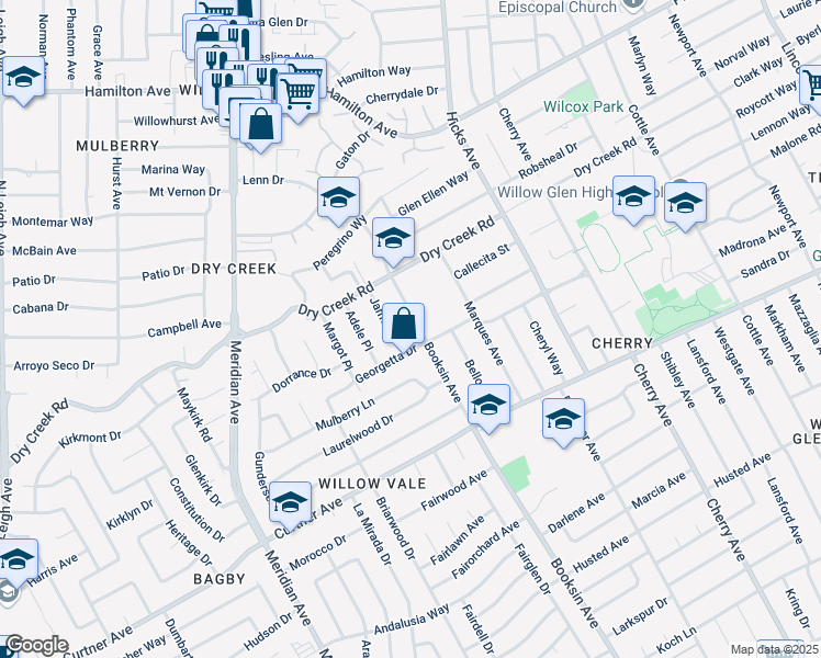 map of restaurants, bars, coffee shops, grocery stores, and more near 2001 Booksin Avenue in San Jose