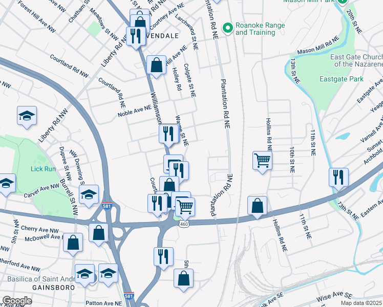 map of restaurants, bars, coffee shops, grocery stores, and more near 1622 Wayne Street Northeast in Roanoke