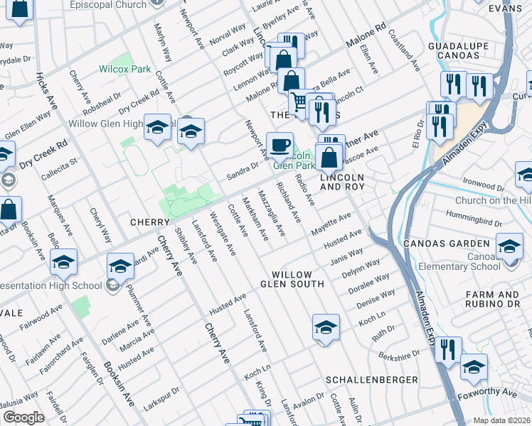map of restaurants, bars, coffee shops, grocery stores, and more near 2315 Mazzaglia Avenue in San Jose