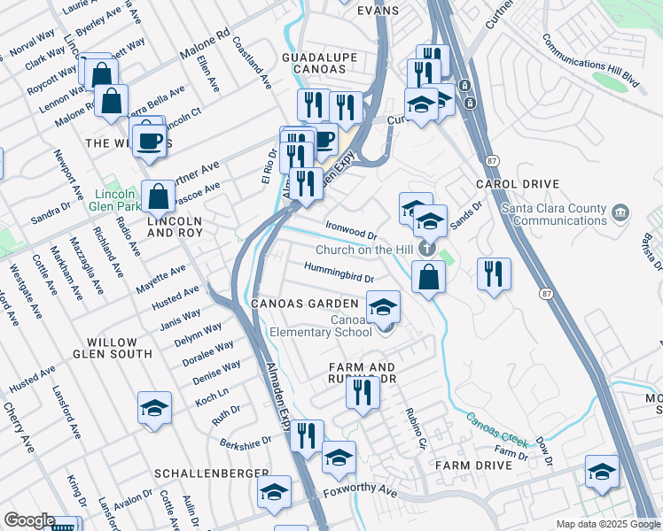 map of restaurants, bars, coffee shops, grocery stores, and more near 909 Hummingbird Drive in San Jose