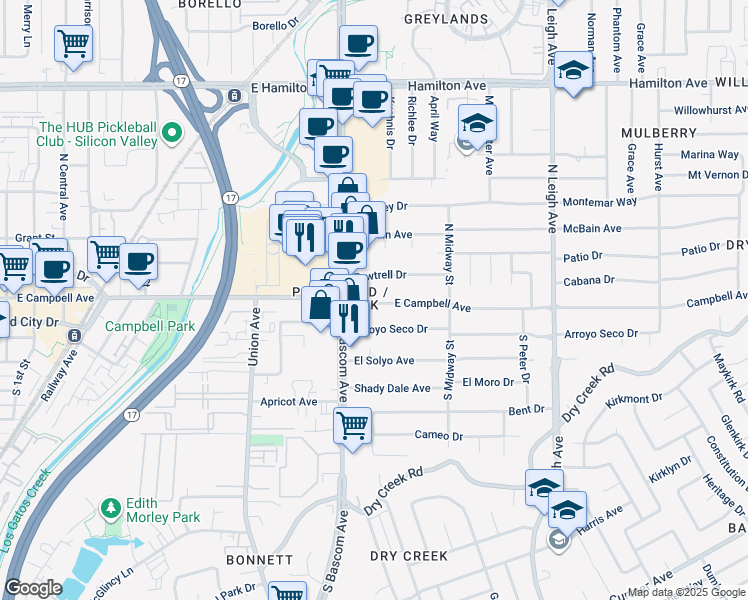map of restaurants, bars, coffee shops, grocery stores, and more near 1075 East Campbell Avenue in Campbell