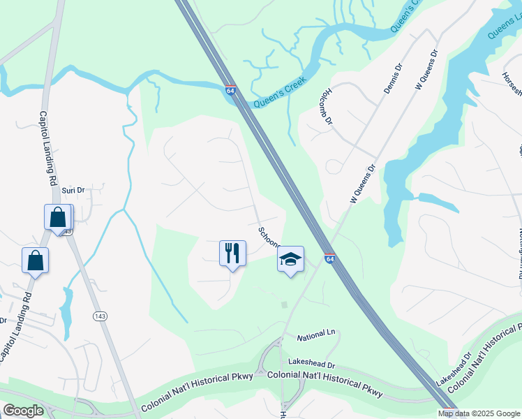 map of restaurants, bars, coffee shops, grocery stores, and more near 402 Schooner Boulevard in Williamsburg