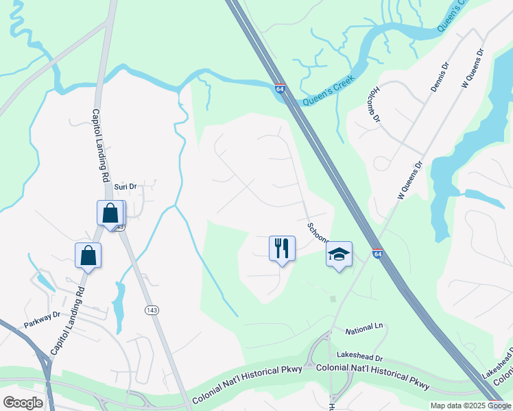 map of restaurants, bars, coffee shops, grocery stores, and more near 123 Corvette Drive in Williamsburg