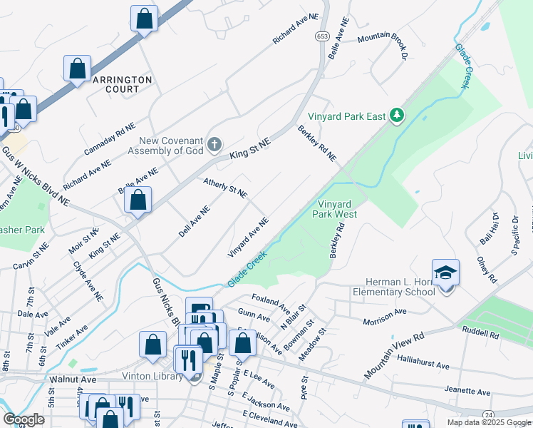 map of restaurants, bars, coffee shops, grocery stores, and more near 2902 Vinyard Avenue Northeast in Roanoke
