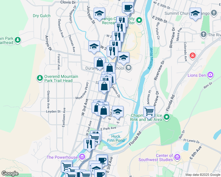 map of restaurants, bars, coffee shops, grocery stores, and more near 100 Alamo Drive in Durango