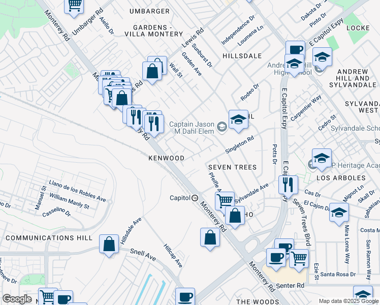 map of restaurants, bars, coffee shops, grocery stores, and more near 3173 Kenland Drive in San Jose