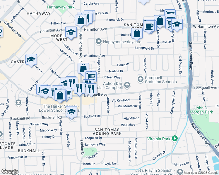 map of restaurants, bars, coffee shops, grocery stores, and more near 1270 Lorelei Court in Campbell