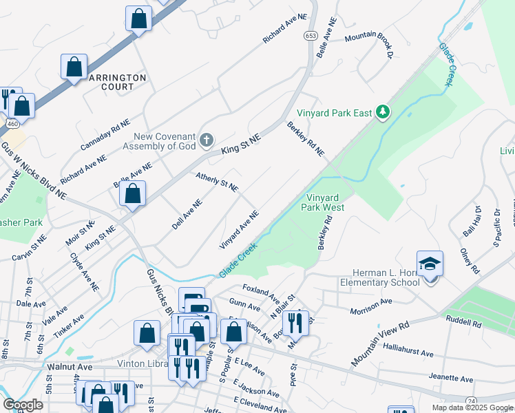 map of restaurants, bars, coffee shops, grocery stores, and more near 2902 Vinyard Avenue Northeast in Roanoke