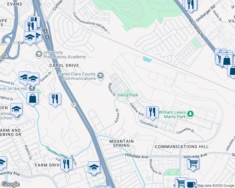 map of restaurants, bars, coffee shops, grocery stores, and more near 3048 Mary Helen Lane in San Jose