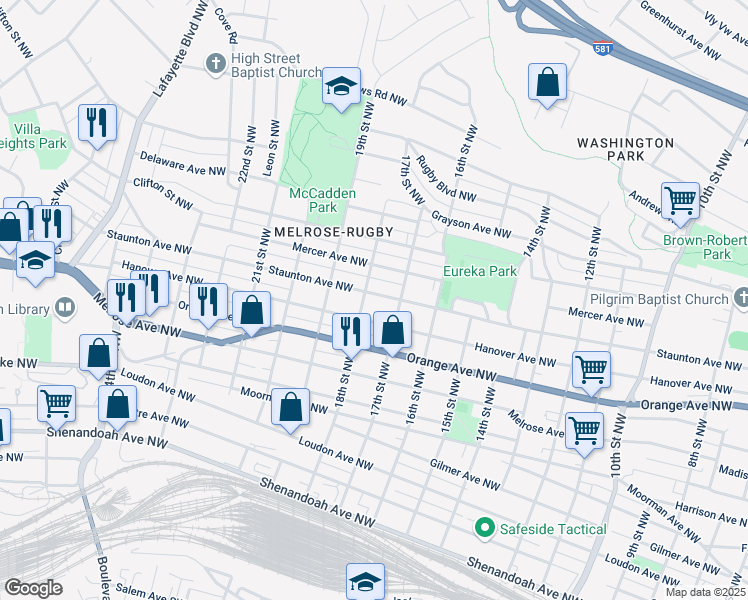 map of restaurants, bars, coffee shops, grocery stores, and more near 1722 Staunton Avenue Northwest in Roanoke