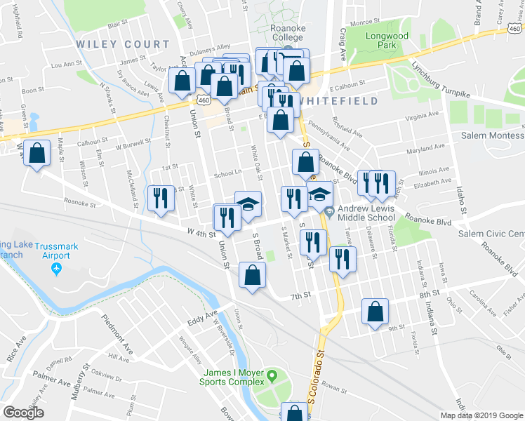 map of restaurants, bars, coffee shops, grocery stores, and more near 16 White Oak Street in Salem