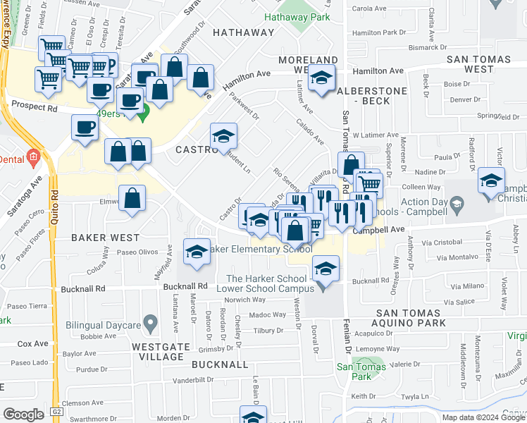 map of restaurants, bars, coffee shops, grocery stores, and more near 1905 Ensenada Drive in Campbell