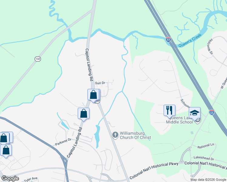 map of restaurants, bars, coffee shops, grocery stores, and more near 225 Shaindel Drive in Williamsburg