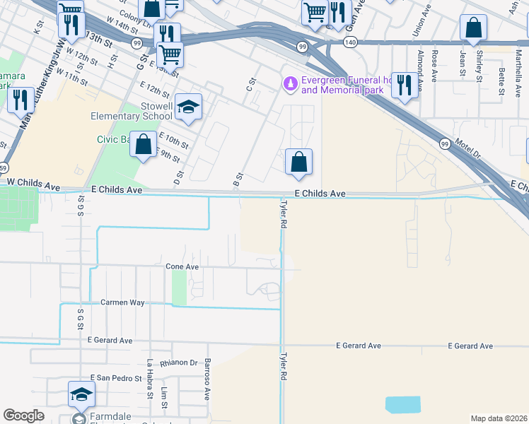 map of restaurants, bars, coffee shops, grocery stores, and more near 71 Tyler Rd in Merced