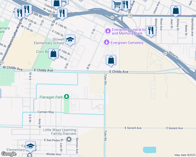 map of restaurants, bars, coffee shops, grocery stores, and more near 71 Tyler Road in Merced