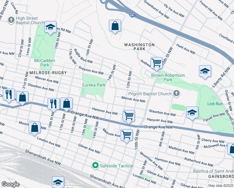 map of restaurants, bars, coffee shops, grocery stores, and more near 1201 13th Street Northwest in Roanoke