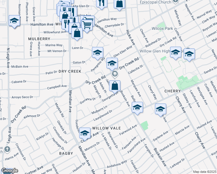 map of restaurants, bars, coffee shops, grocery stores, and more near 1971 James Place in San Jose