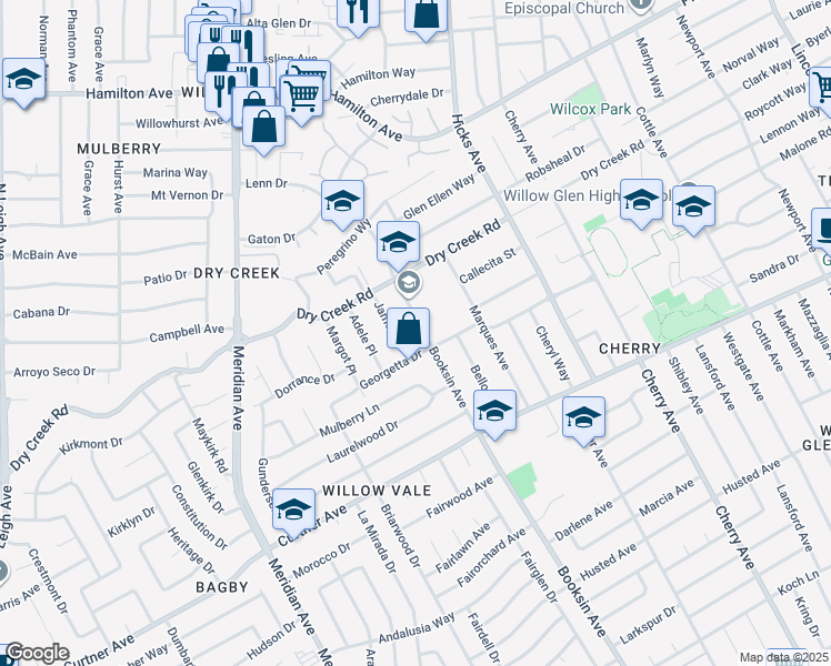 map of restaurants, bars, coffee shops, grocery stores, and more near 2001 Booksin Avenue in San Jose