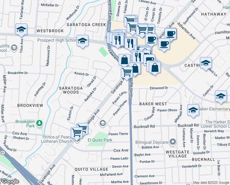 map of restaurants, bars, coffee shops, grocery stores, and more near 12420 Saratoga Avenue in Saratoga