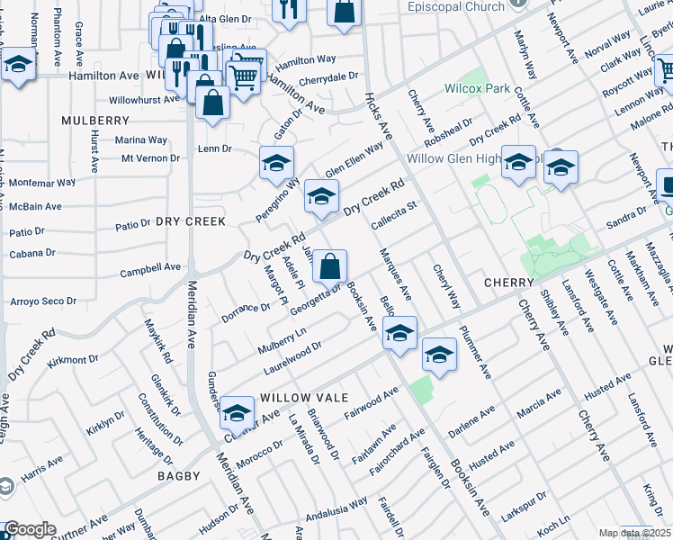 map of restaurants, bars, coffee shops, grocery stores, and more near 2001 Booksin Avenue in San Jose