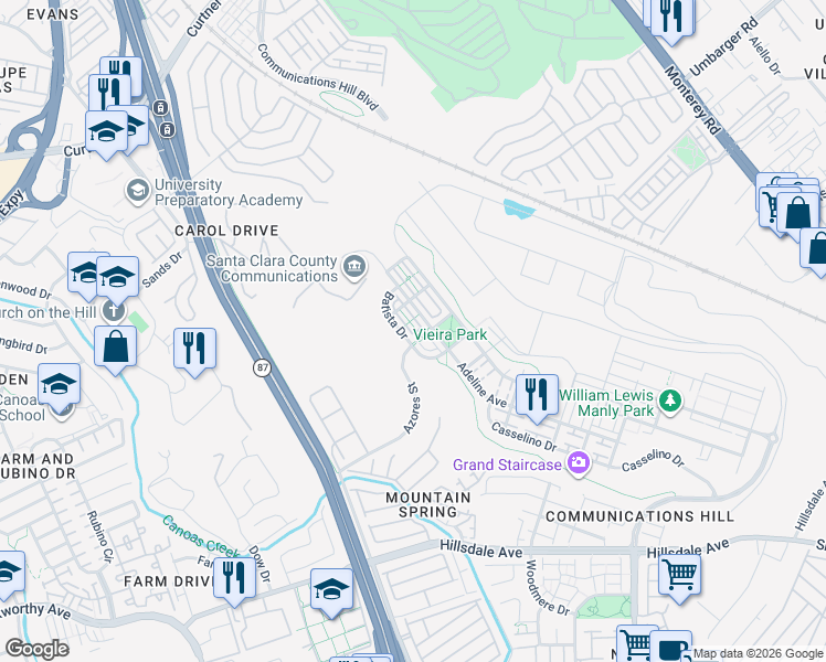 map of restaurants, bars, coffee shops, grocery stores, and more near 3048 Mary Helen Lane in San Jose