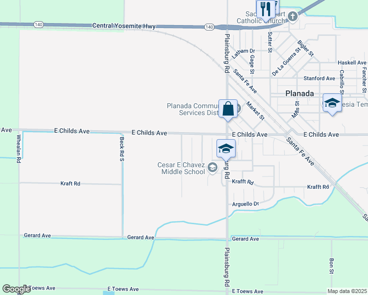 map of restaurants, bars, coffee shops, grocery stores, and more near 58 Dana Court in Planada