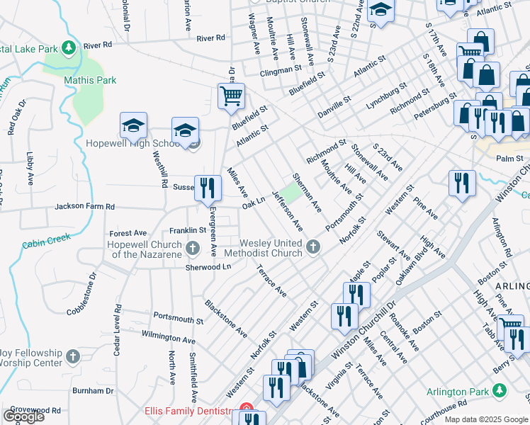 map of restaurants, bars, coffee shops, grocery stores, and more near 506 Jefferson Avenue in Hopewell