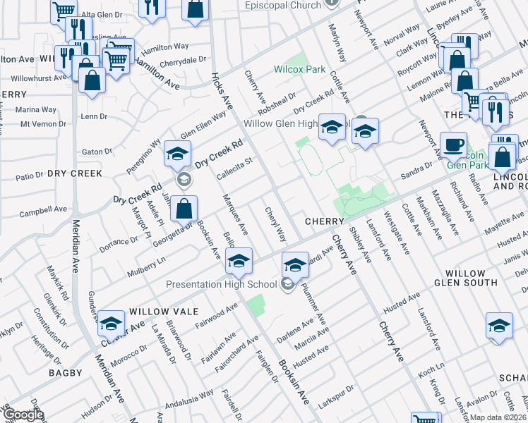 map of restaurants, bars, coffee shops, grocery stores, and more near 2131 Cheryl Way in San Jose