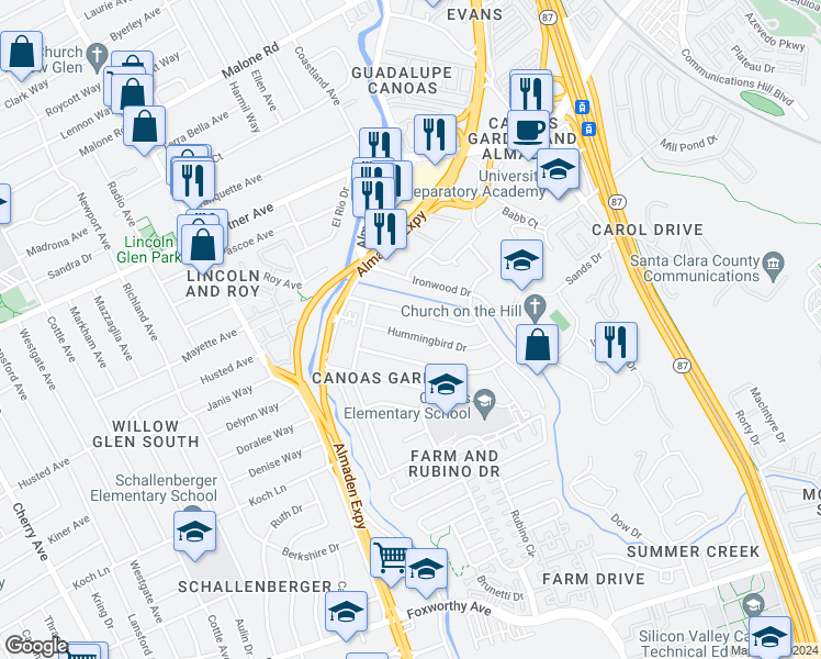 map of restaurants, bars, coffee shops, grocery stores, and more near 913 Hummingbird Drive in San Jose
