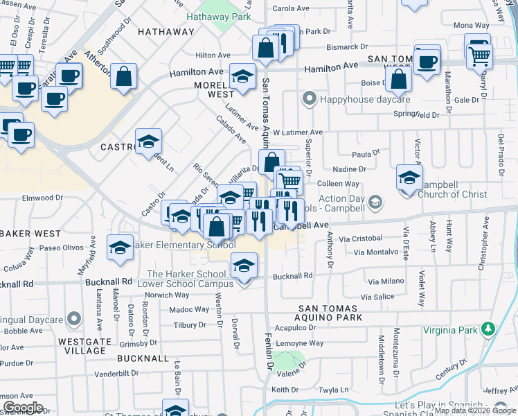 map of restaurants, bars, coffee shops, grocery stores, and more near 69 San Tomas Aquino Road in Campbell