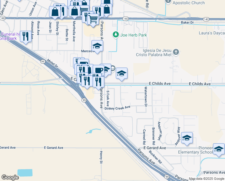 map of restaurants, bars, coffee shops, grocery stores, and more near 7 Sweetwater Avenue in Merced