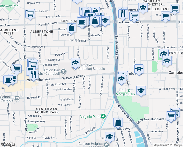 map of restaurants, bars, coffee shops, grocery stores, and more near 12 Shereen Place in Campbell