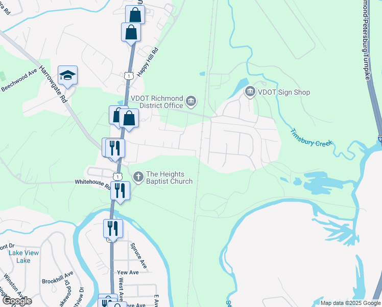 map of restaurants, bars, coffee shops, grocery stores, and more near 2405 Aldridge Avenue in Chesterfield County