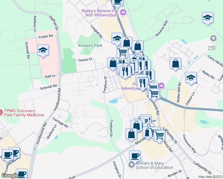 map of restaurants, bars, coffee shops, grocery stores, and more near 155 Kings Manor Drive in Williamsburg