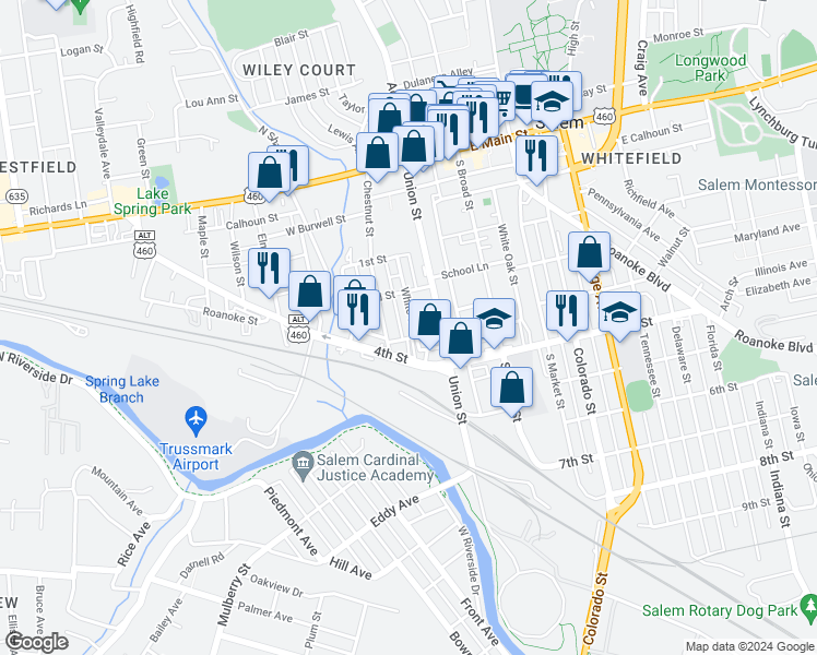 map of restaurants, bars, coffee shops, grocery stores, and more near 429 White Street in Salem
