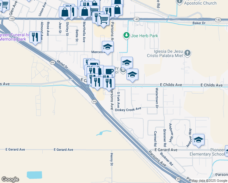 map of restaurants, bars, coffee shops, grocery stores, and more near 52 South Parsons Avenue in Merced