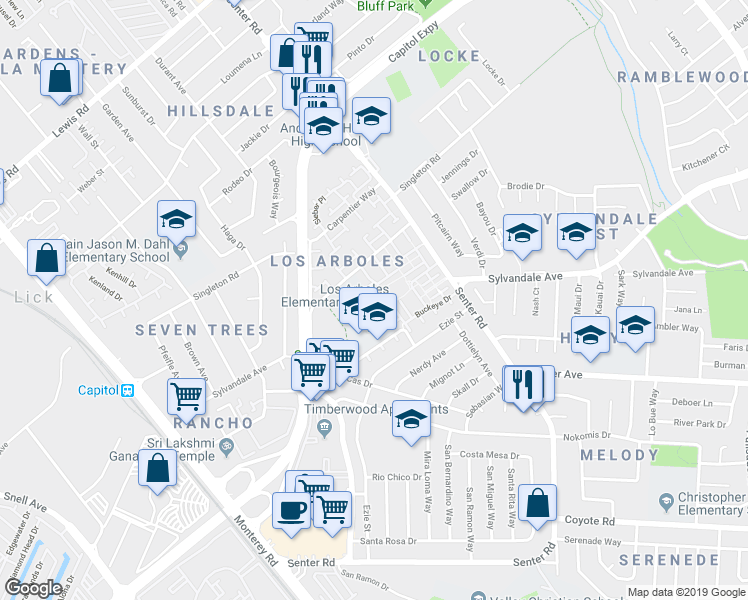map of restaurants, bars, coffee shops, grocery stores, and more near 400 Papaya Court in San Jose