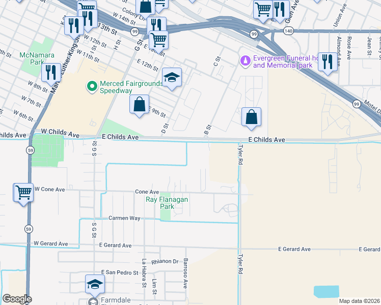 map of restaurants, bars, coffee shops, grocery stores, and more near 424 East Childs Avenue in Merced