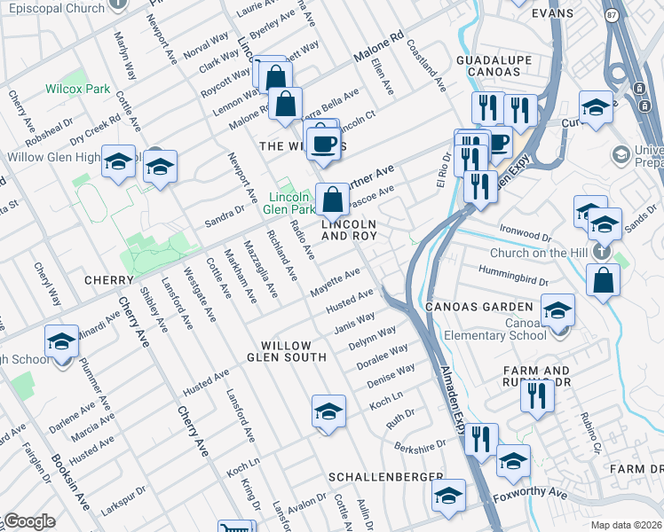 map of restaurants, bars, coffee shops, grocery stores, and more near 1131 Mayette Avenue in San Jose