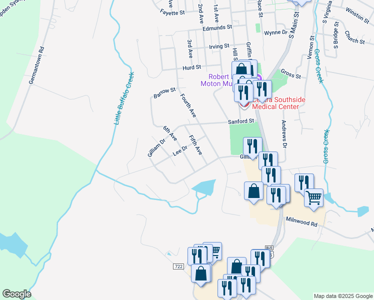 map of restaurants, bars, coffee shops, grocery stores, and more near 706 1st Avenue in Farmville