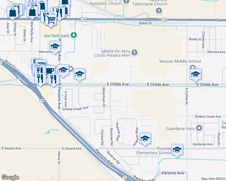 map of restaurants, bars, coffee shops, grocery stores, and more near 2330 Cortona Court in Merced