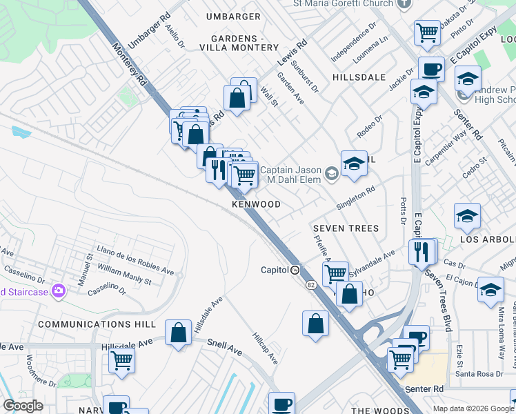 map of restaurants, bars, coffee shops, grocery stores, and more near 403 Kenbrook Circle in San Jose