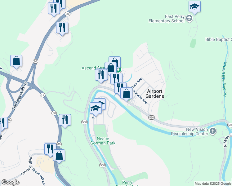 map of restaurants, bars, coffee shops, grocery stores, and more near Grand Vue Plaza in Hazard