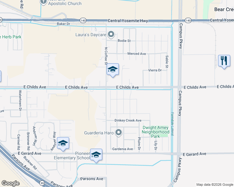 map of restaurants, bars, coffee shops, grocery stores, and more near 64 River Oak Court in Merced