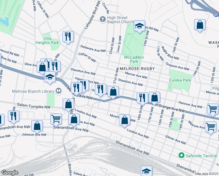 map of restaurants, bars, coffee shops, grocery stores, and more near 2110 Hanover Avenue Northwest in Roanoke
