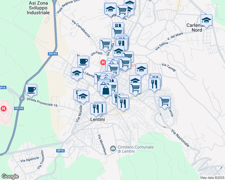 map of restaurants, bars, coffee shops, grocery stores, and more near 127 Via Murganzio in Lentini