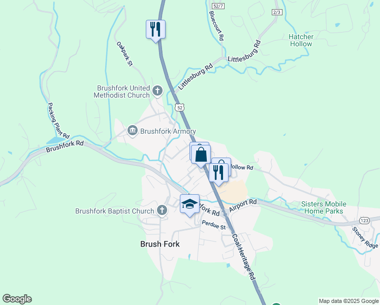 map of restaurants, bars, coffee shops, grocery stores, and more near Moonlight Lane in Bluefield