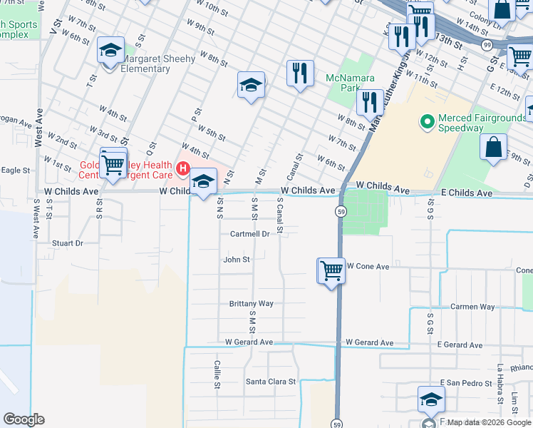 map of restaurants, bars, coffee shops, grocery stores, and more near 551 Seville Way in Merced